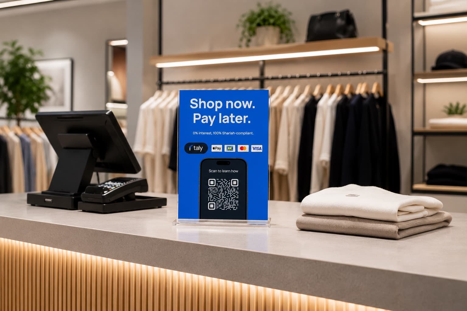 The counter of a clothing shop, with a till on the left and folded sweaters on the right. Between them stands a blue Taly sign that reads “Shop now. Pay later. 0% interest, 100% Shariah-compliant”, with the logos of Taly, Apple Pay, KNET, Mastercard and Visa and a phone showing a code to scan.