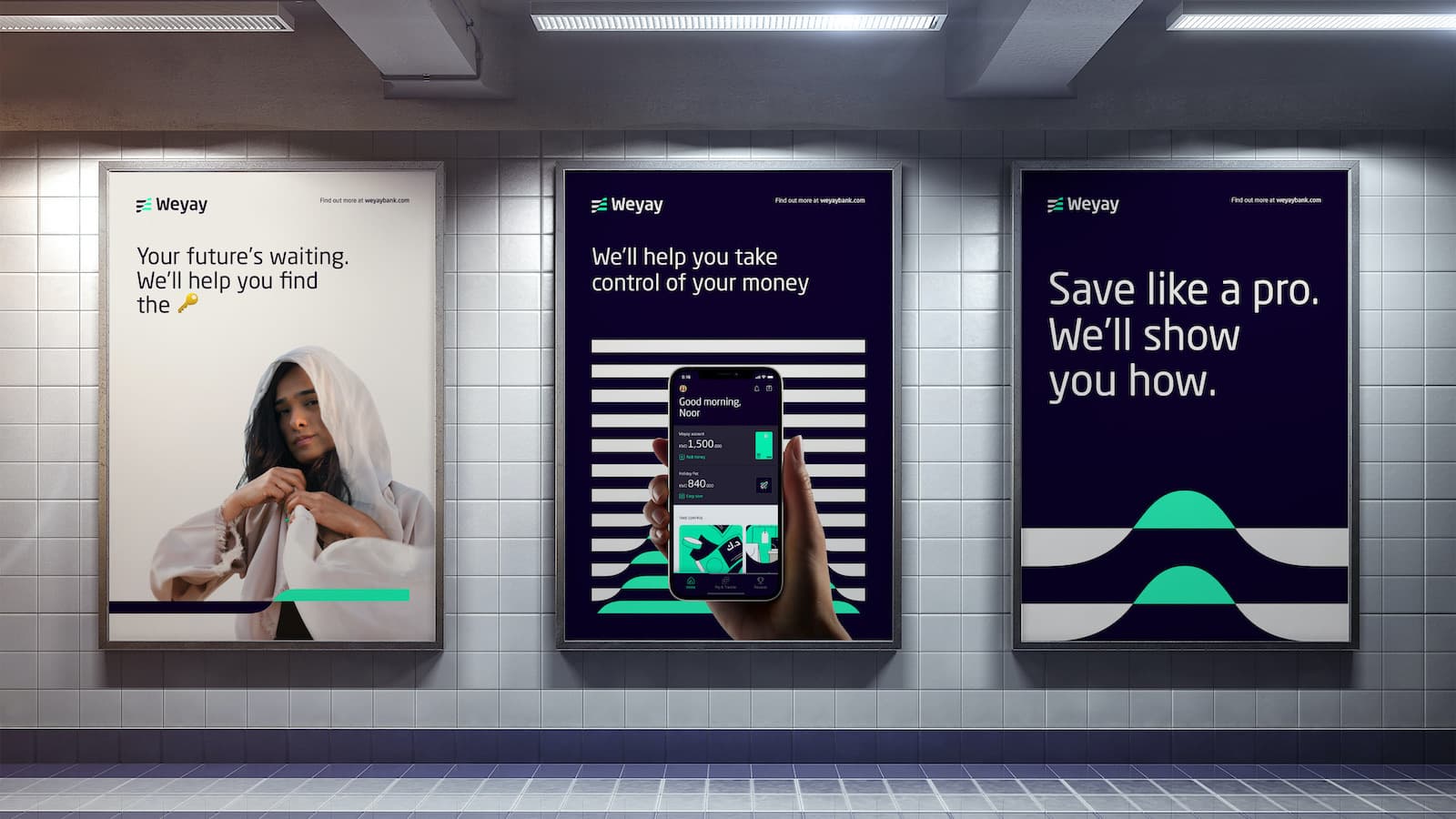 Three Weyay posters on a tiled wall. They read: Your future’s waiting, we’ll help you find the key. We’ll help you take control of your money. Save like a pro, we’ll show you how.